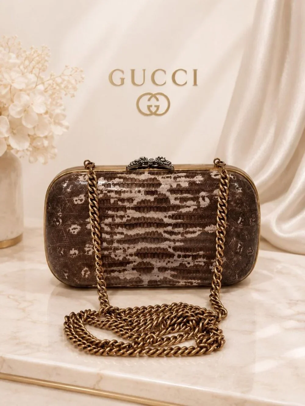 Authentic Gucci Broadway Snakeskin Clutch Crossbody Bag Bronze Gold Chain New - Picture 1 of 10